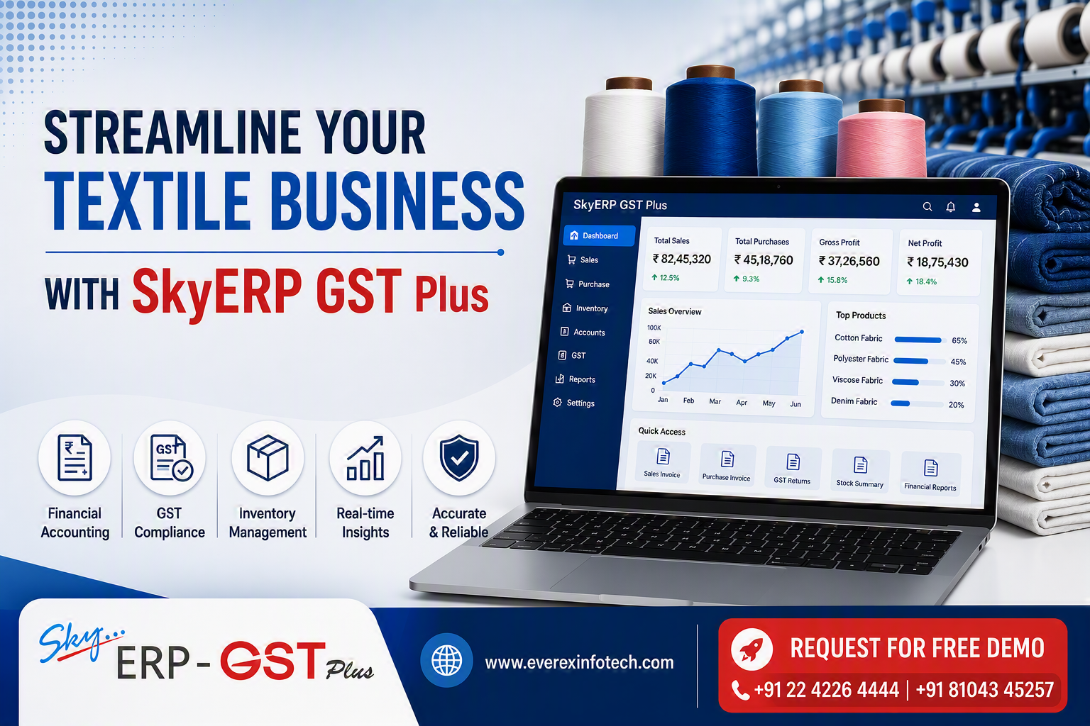 Everex Infotech banner addressing the meaning and benefits of GST software with online tax payment illustrations.
