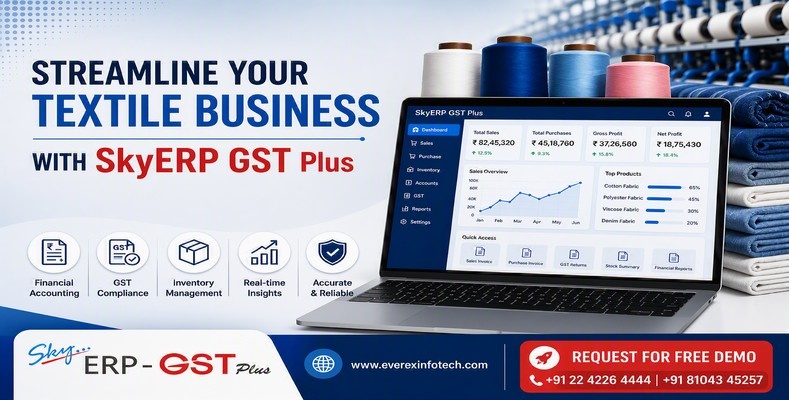 Everex Infotech banner addressing the meaning and benefits of GST software with online tax payment illustrations.