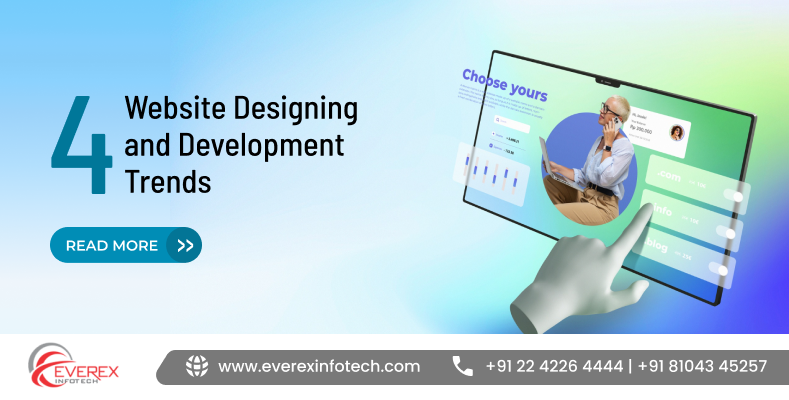 Website design and development trends showing modern web design concepts like one-page websites, dark theme UI, typography, and abstract web design