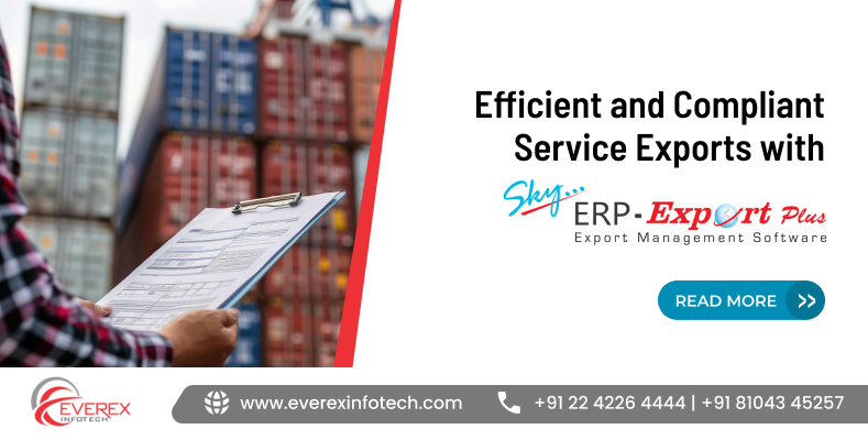 Sky ERP Export Plus software interface managing service export documentation, compliance tracking, and invoicing system
