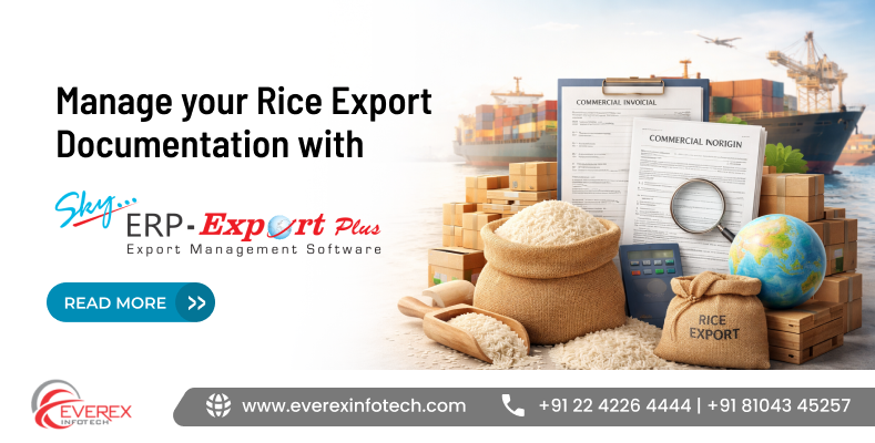 Sky ERP Export Plus software dashboard managing rice export documentation, invoices, and compliance tracking system