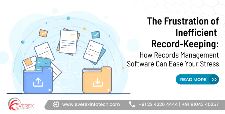 Overwhelmed office worker struggling with disorganized files showing the need for records management software to simplify documentation